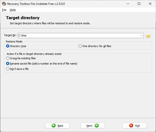 Recovery Toolbox File Undelete Free - выбор папки для сохранения файлов
