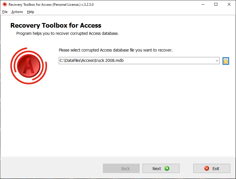 Recovery Toolbox for Access - выбор базы для восстановления