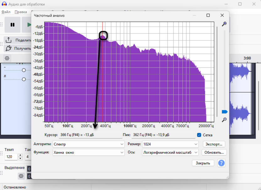Выбор нужной точки в частотном анализе при использовании спектрограммы в Audacity