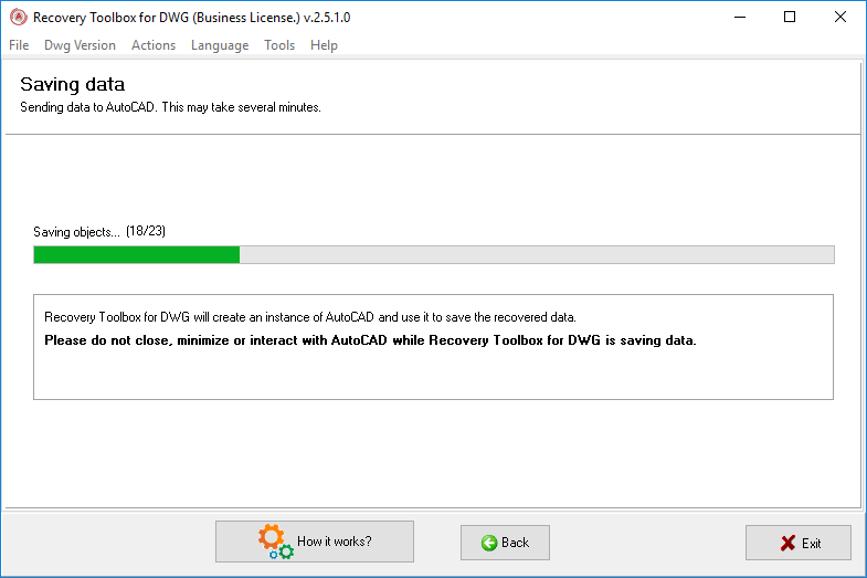 Recovery Toolbox for DWG - сохранение восстановленного dwg файла