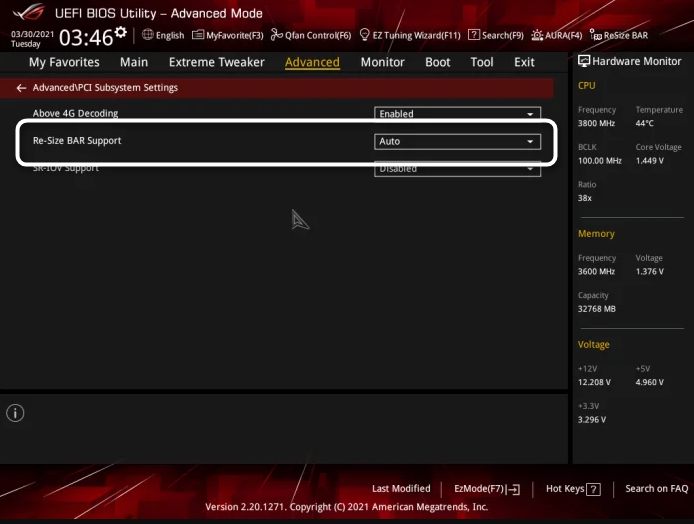 Включение технологии ReBAR через меню настроек BIOS