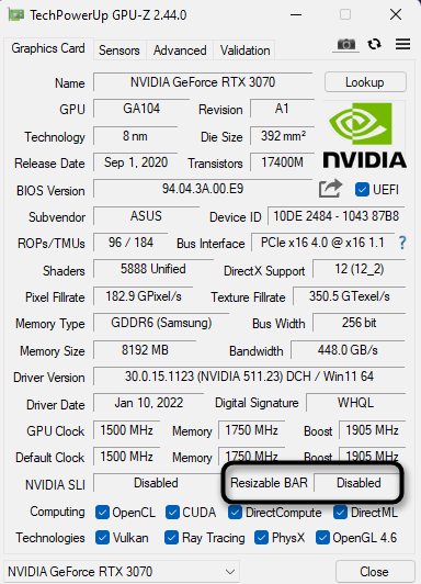 Проверка активации технологии ReBAR через GPU-Z