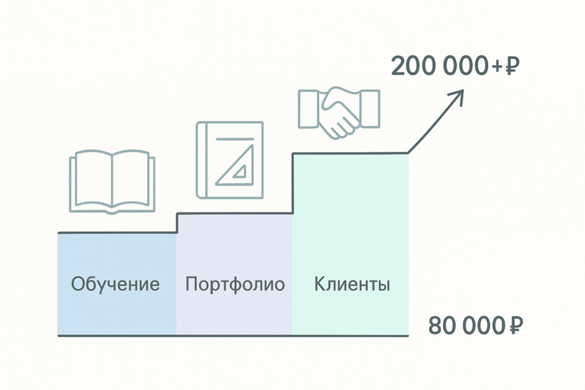 График роста дохода дизайнера интерьера в соответствии с повышением компетенций