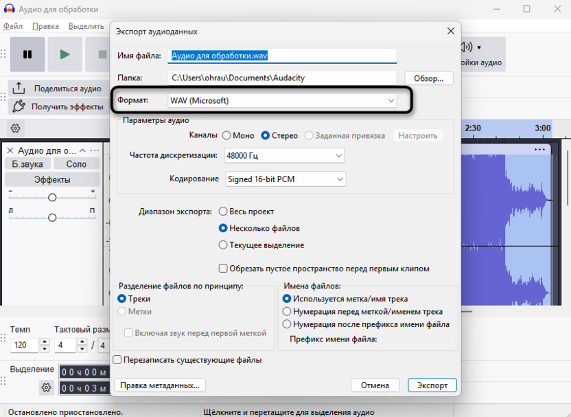 Выбор формата для объединения дорожек в микс в Audacity