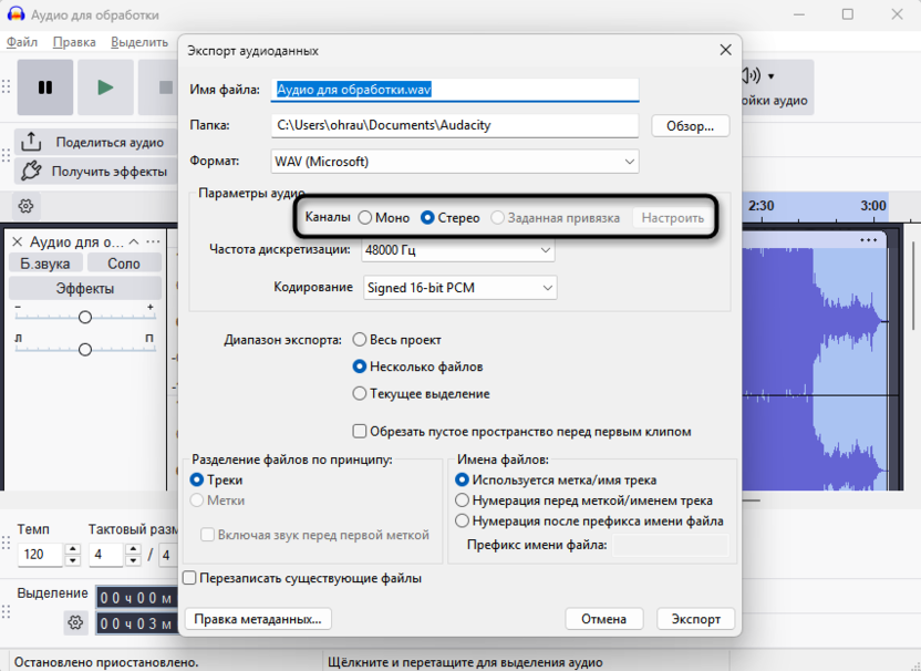 Выбор каналов для объединения дорожек в микс в Audacity