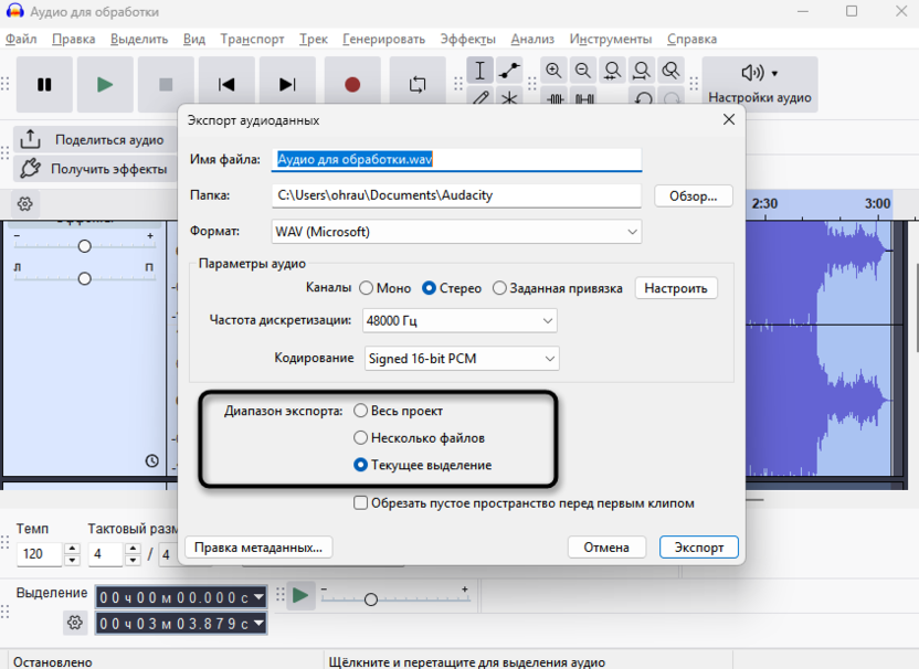 Дополнительные параметры для объединения дорожек в микс в Audacity