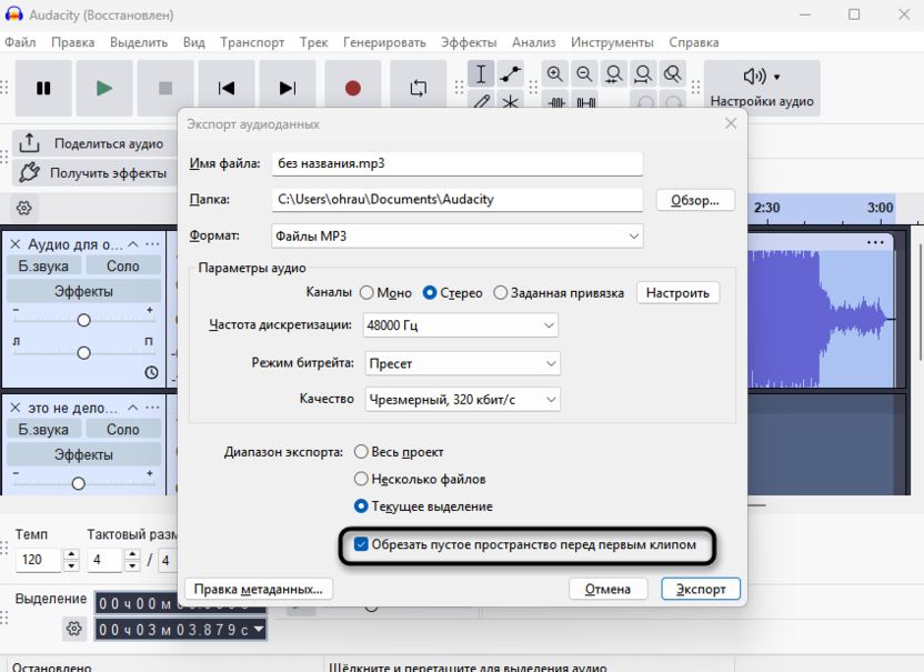 Автоматическое удаление пустот для объединения дорожек в микс в Audacity