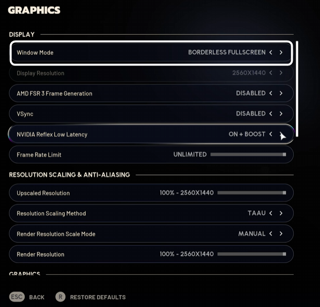 Выбор режима окна при настройке графики в игре ARC Raiders