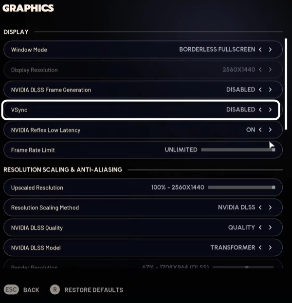 Отключение вертикальной синхронизации при настройке графики в игре ARC Raiders