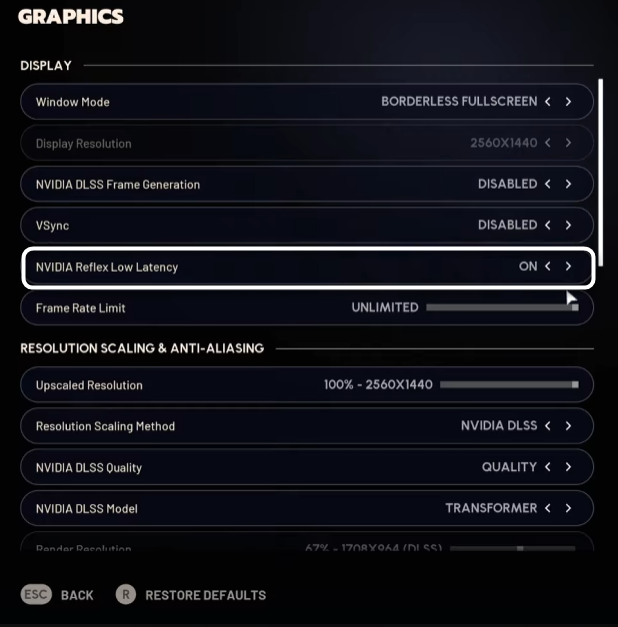 Управление режимом низкой задержки при настройке графики в игре ARC Raiders