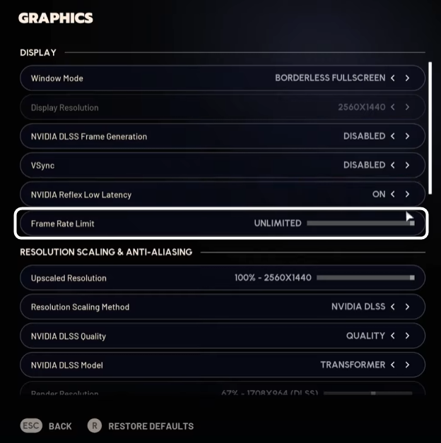 Переключение лимита кадров при настройке графики в игре ARC Raiders
