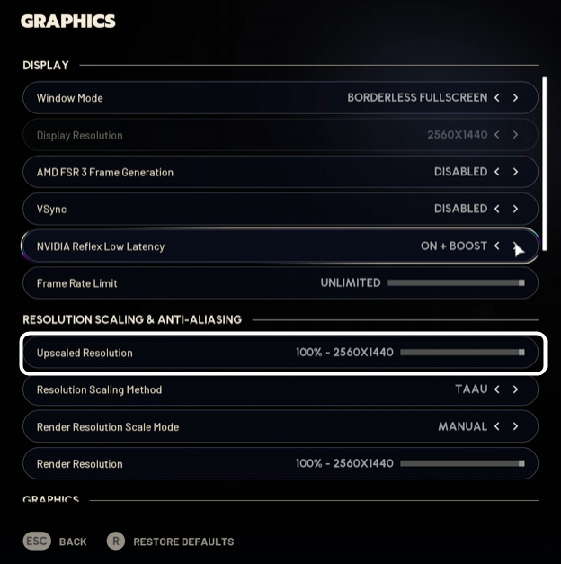 Выбор разрешения с включенным апскейлером при настройке графики в игре ARC Raiders