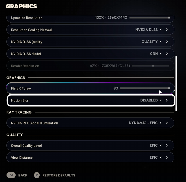 Отключение размытия в движении при настройке графики в игре ARC Raiders