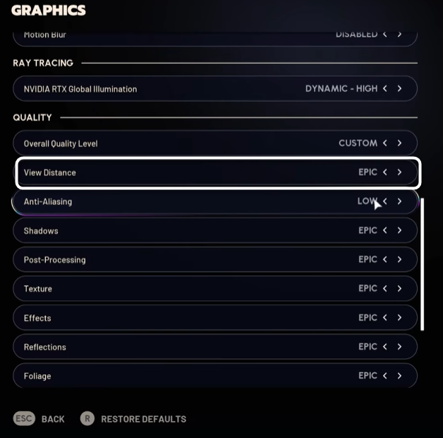 Выбор дальности обзора при настройке графики в игре ARC Raiders