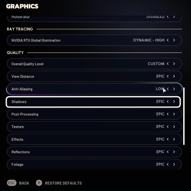 Управление тенями при настройке графики в игре ARC Raiders
