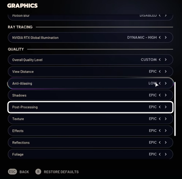 Выбор качества постобработки при настройке графики в игре ARC Raiders