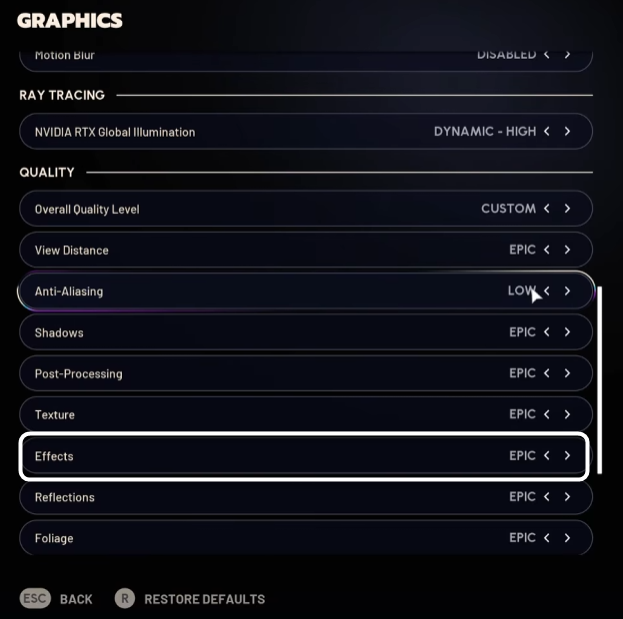 Настройка качества эффектов при настройке графики в игре ARC Raiders