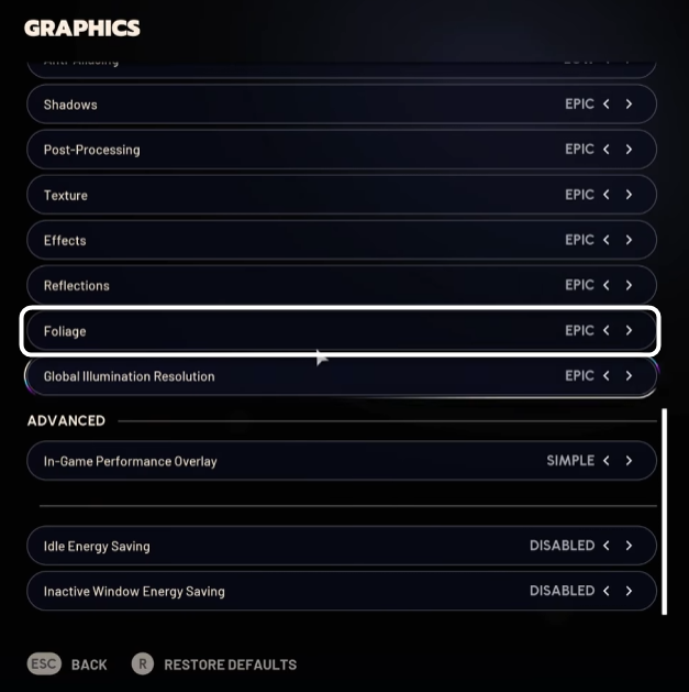 Уровень растительности при настройке графики в игре ARC Raiders