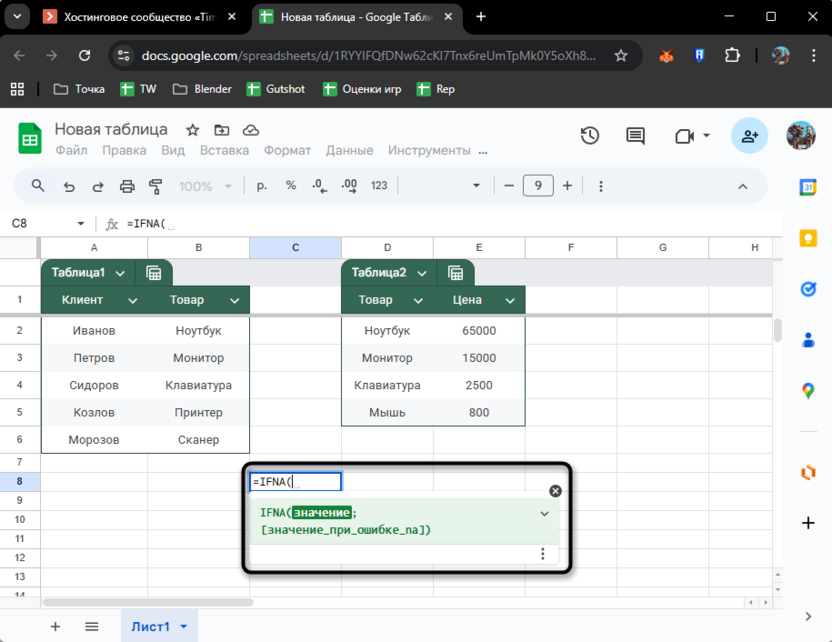 Ознакомление с принципом действия функции при использовании функции IFNA в Google Таблицах