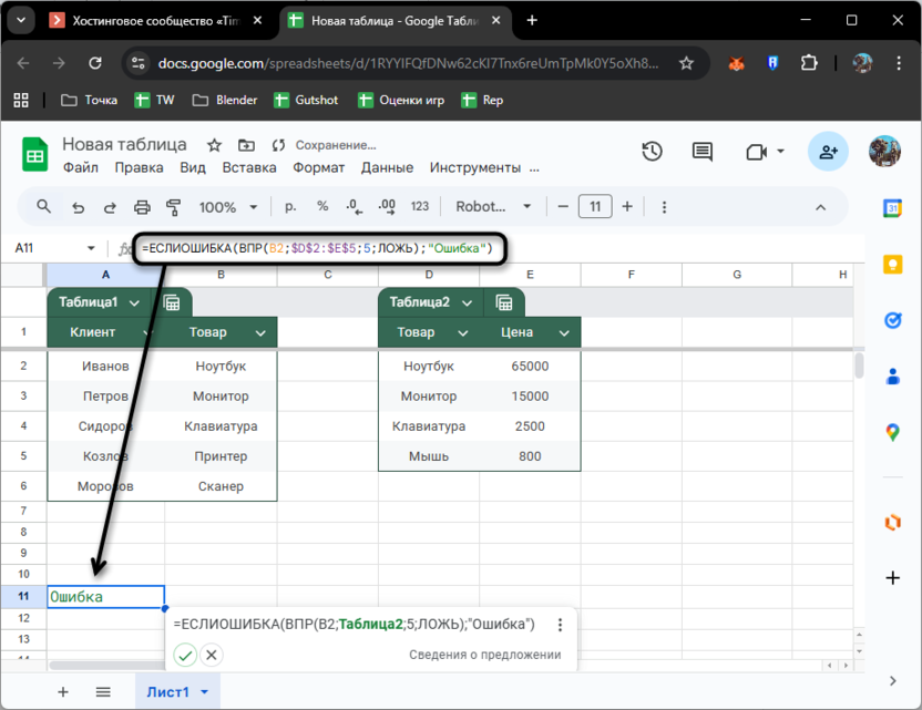 Разница между разными ошибками при использовании функции IFNA в Google Таблицах