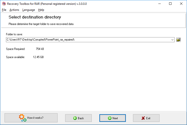 Recovery Toolbox for RAR - выбор папки для сохранения восстановленных файлов