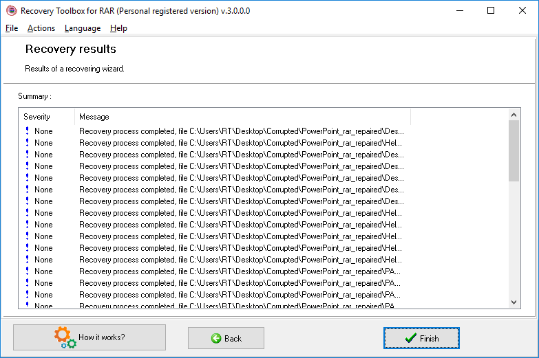 Recovery Toolbox for RAR - логи восстановления