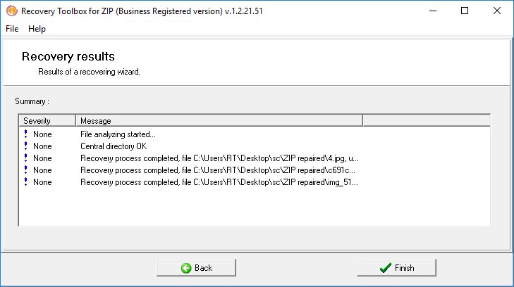 Recovery Toolbox for ZIP - итоги сохранения zip файлов