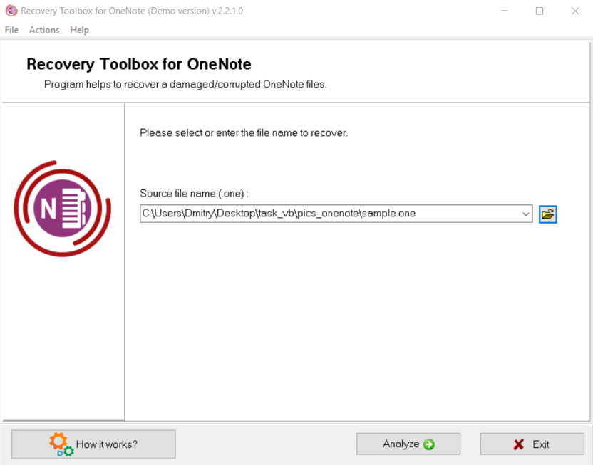 Recovery Toolbox for OneNote - выбор поврежденного OneNote файла