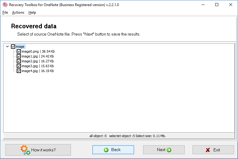 Recovery Toolbox for OneNote - списков восстановленных данных