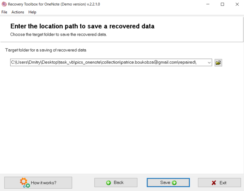 Recovery Toolbox for OneNote - выбор папки для восстановления