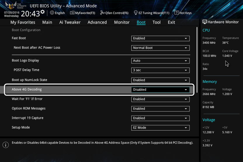 Включение 4G Decoding для решения проблем с запуском игр на Intel Arc