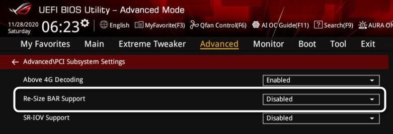 Включение Resize Bar для решения проблем с запуском игр на Intel Arc