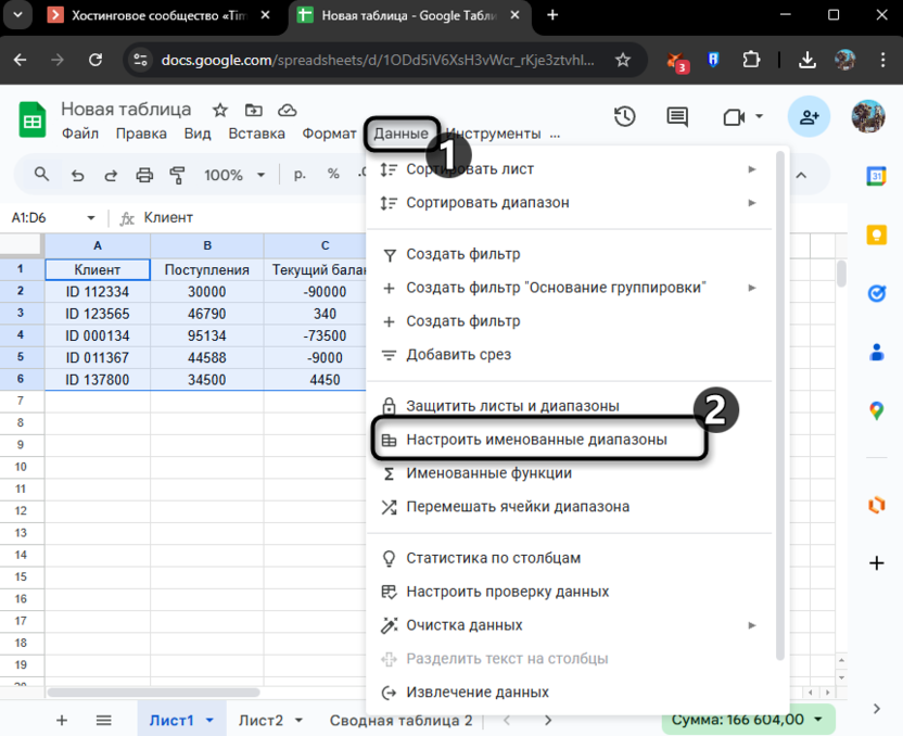 Переход к созданию именованного диапазона для изменения диапазона сводной таблицы в Google Таблицах