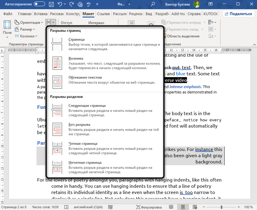 Существующие типы разделов в Microsoft Word