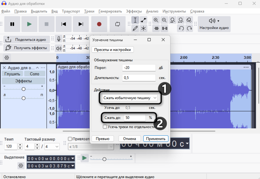 Сжатие избыточной тишины для удаления паузы и тишины в Audacity