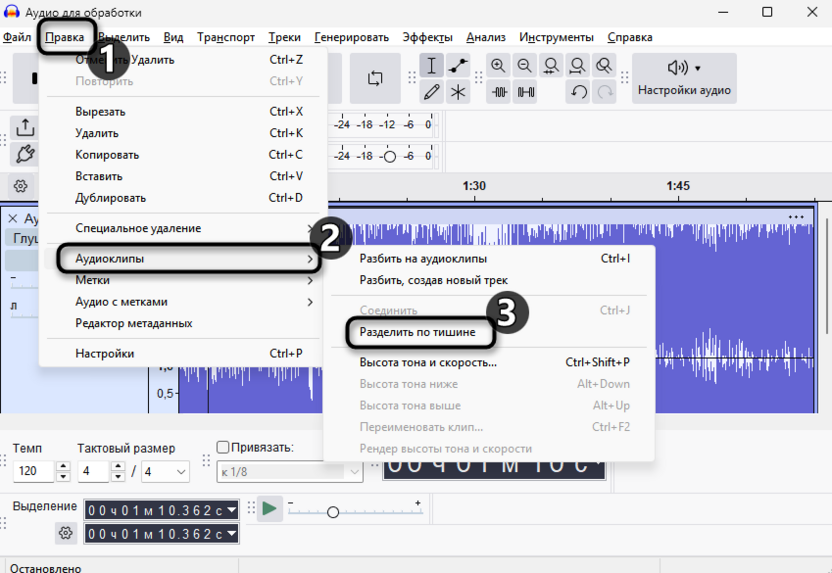 Использование разделения по тишине для удаления паузы и тишины в Audacity