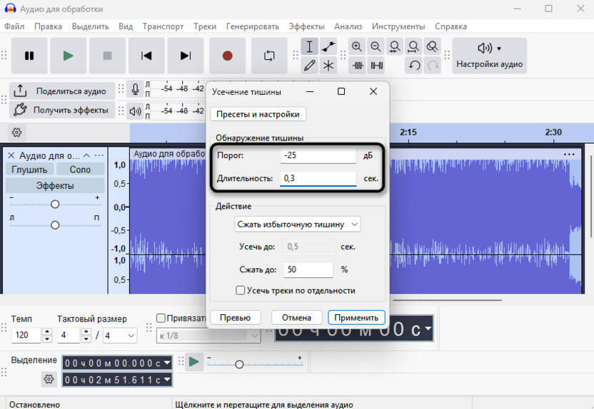 Ввод новой длительности и порога для удаления паузы и тишины в Audacity