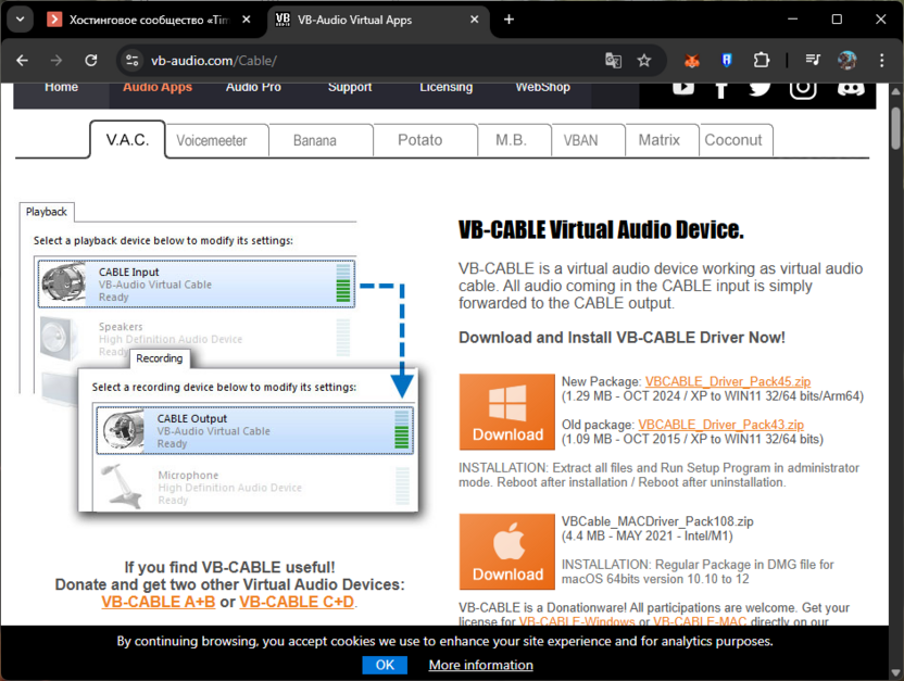 Скачивание виртуального аудио-кабеля для записи системных звуков в Audacity