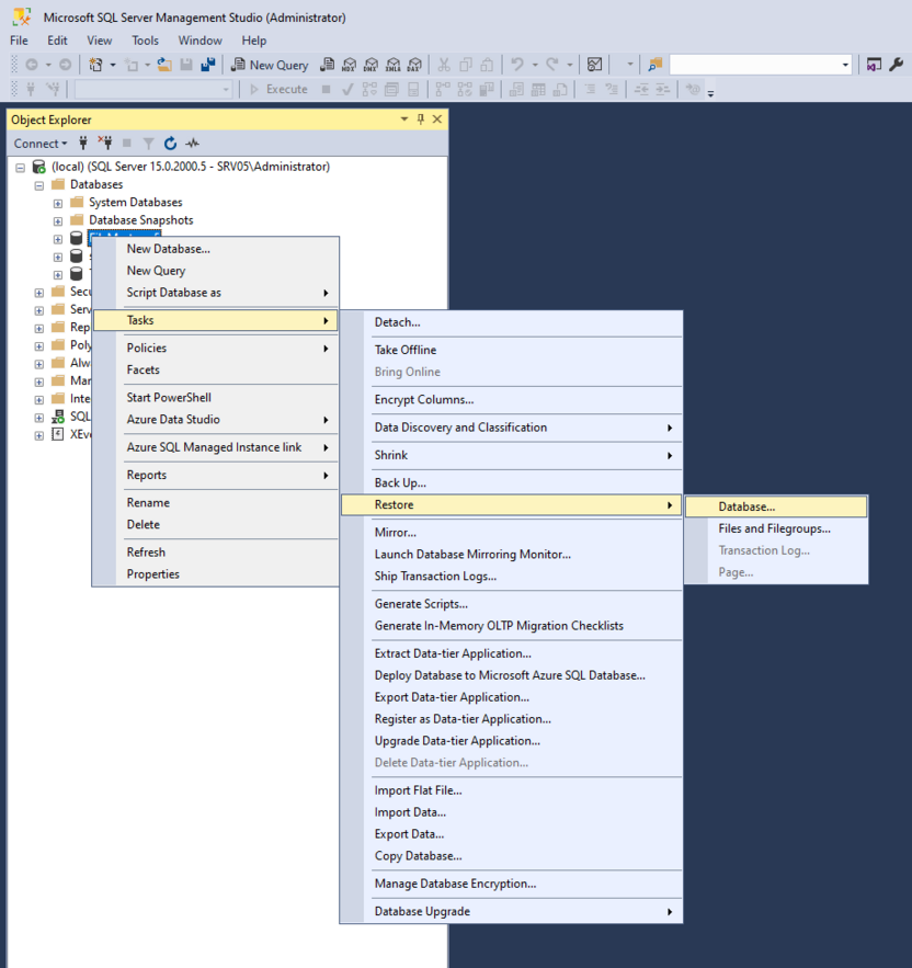 Восстановить SQL Server из бекапа