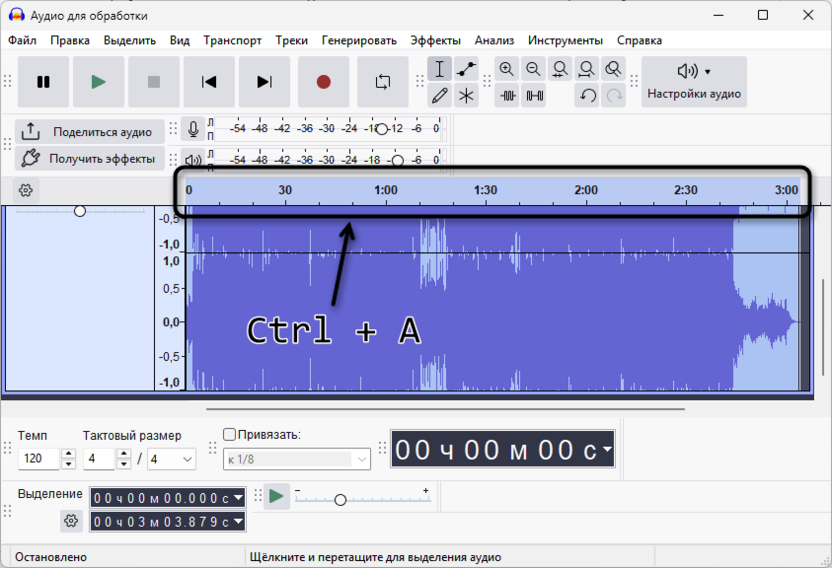 Выделение всей дорожки для удаления шипящих звуков в Audacity