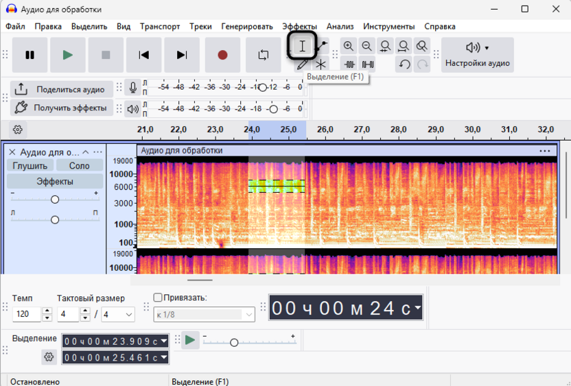 Выбор инструмента выделения для удаления шипящих звуков в Audacity