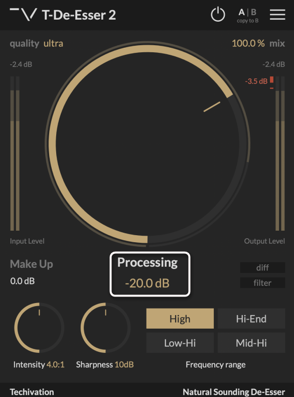 Регулировка основного параметра плагина для удаления шипящих звуков в Audacity