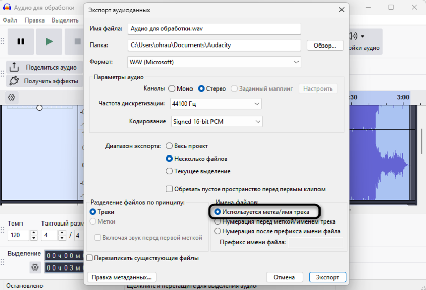Настройка имен файлов для экспорта отдельных аудиодорожек из Audacity