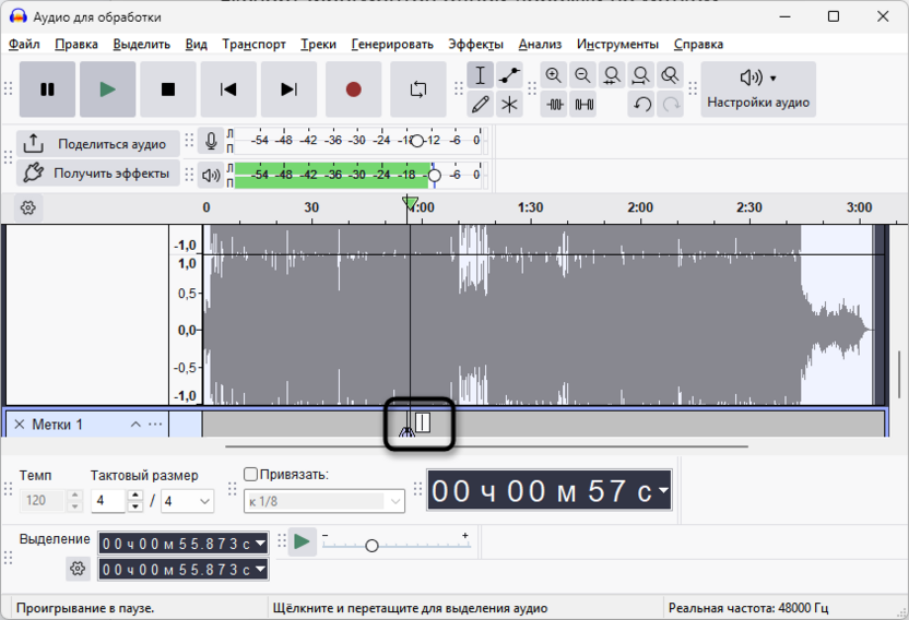 Добавление метки для экспорта отдельных аудиодорожек из Audacity
