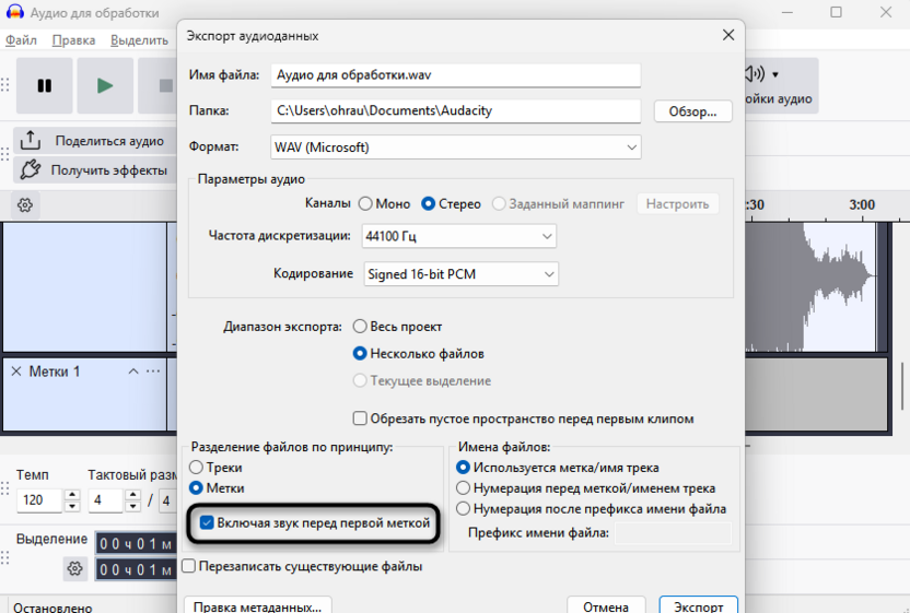 Включение начала записи при сохранении по меткам для экспорта отдельных аудиодорожек из Audacity