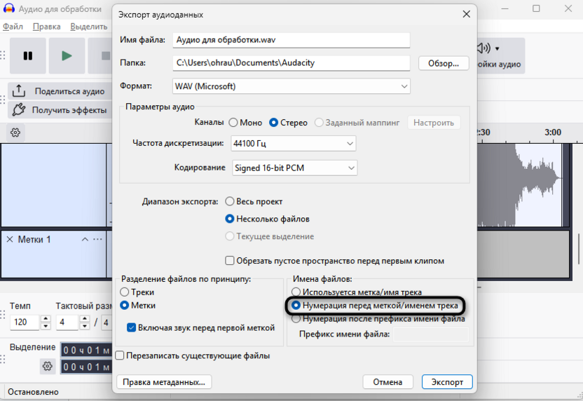 Выбор имен файлов по меткам для экспорта отдельных аудиодорожек из Audacity