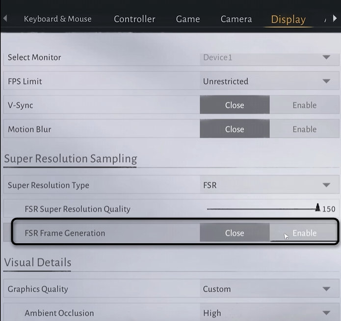 Включение генератора кадров при настройке графики в Where Winds Meet