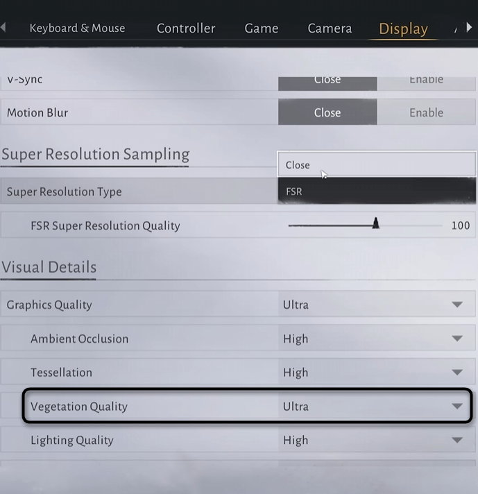 Выбор параметра качества растительности в Where Winds Meet