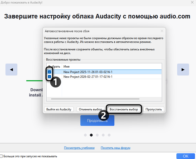 Выбор проектов для восстановления поврежденных файлов в Audacity