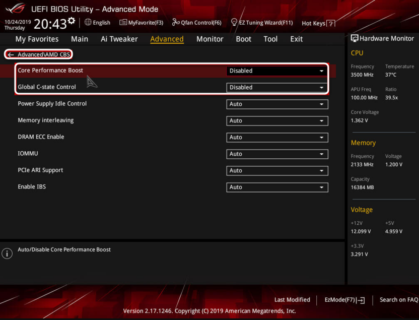 Включение CPB для базовой настройки процессора AMD
